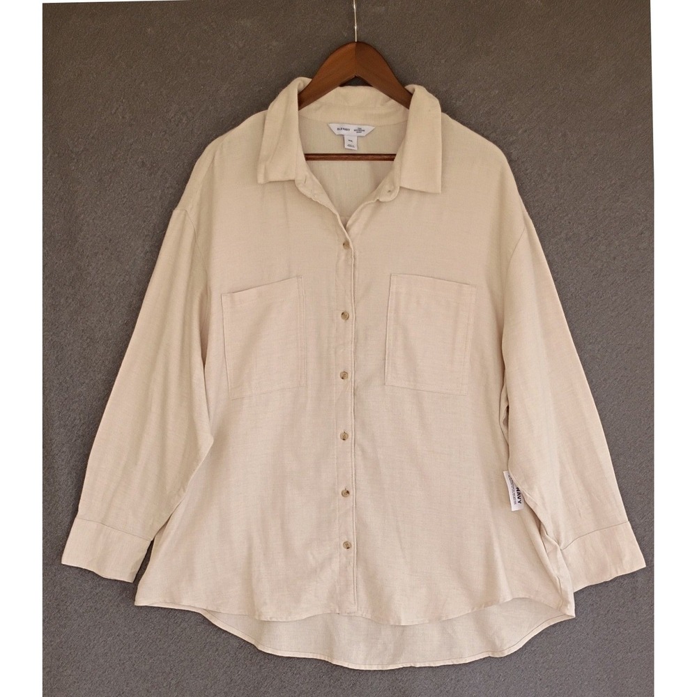 Old Navy The Boyfriend Shirt Womens XXL Cream Beige Cotton Blend Button Down Top